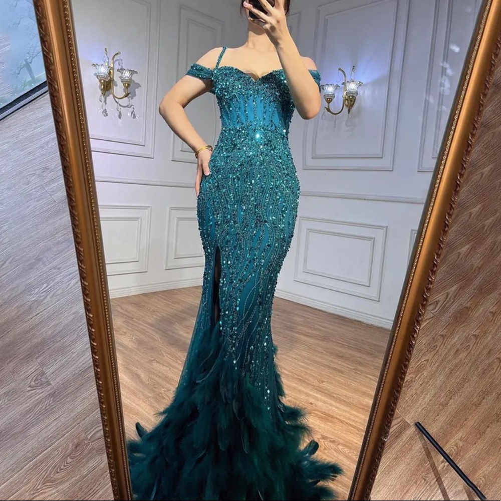 Off-Shoulder Teal Beaded Mermaid Prom Gown